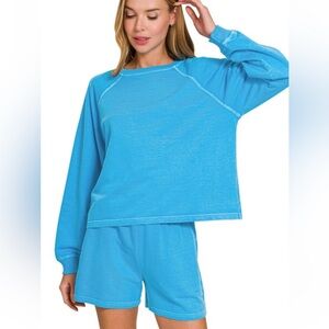 Zenana  Blue Long Sleeve Top and Shorts Set
